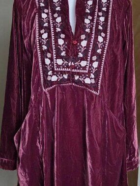 Free People Always Forever Velvet Burgundy Embroidered Tunic Dress Womens Size L